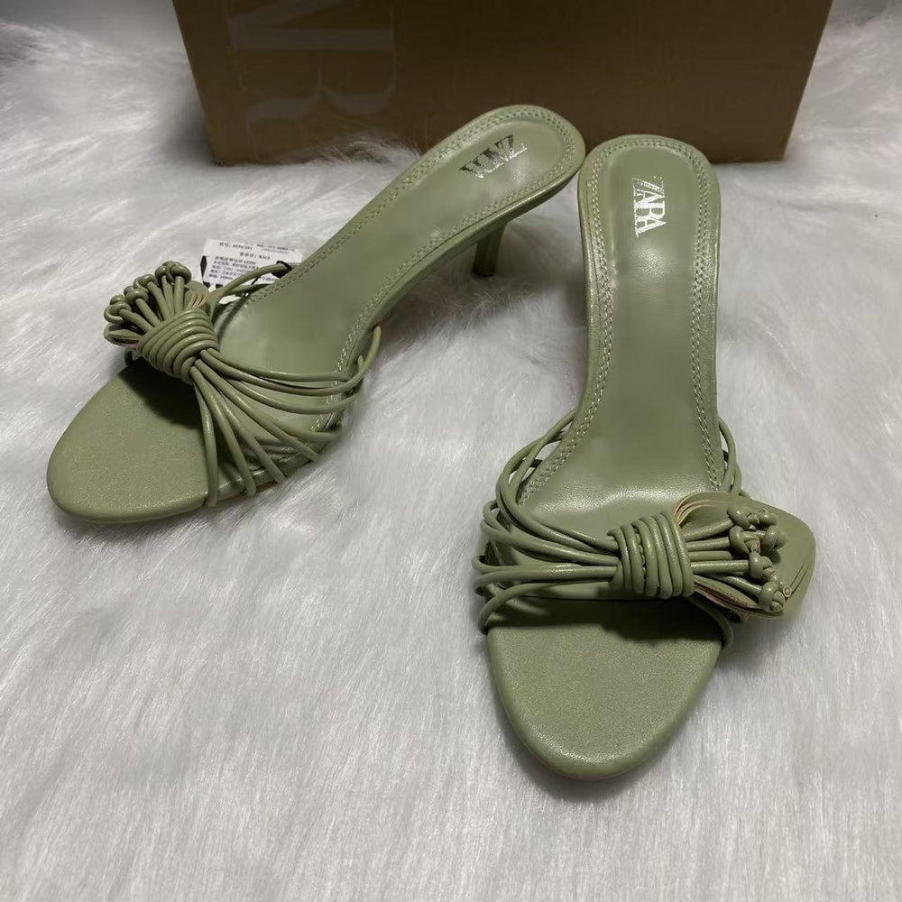 Za's 2025 new women's shoes: green petal low-heel elegant socialite pumps, closed-toe, low-cut, back-strap flats