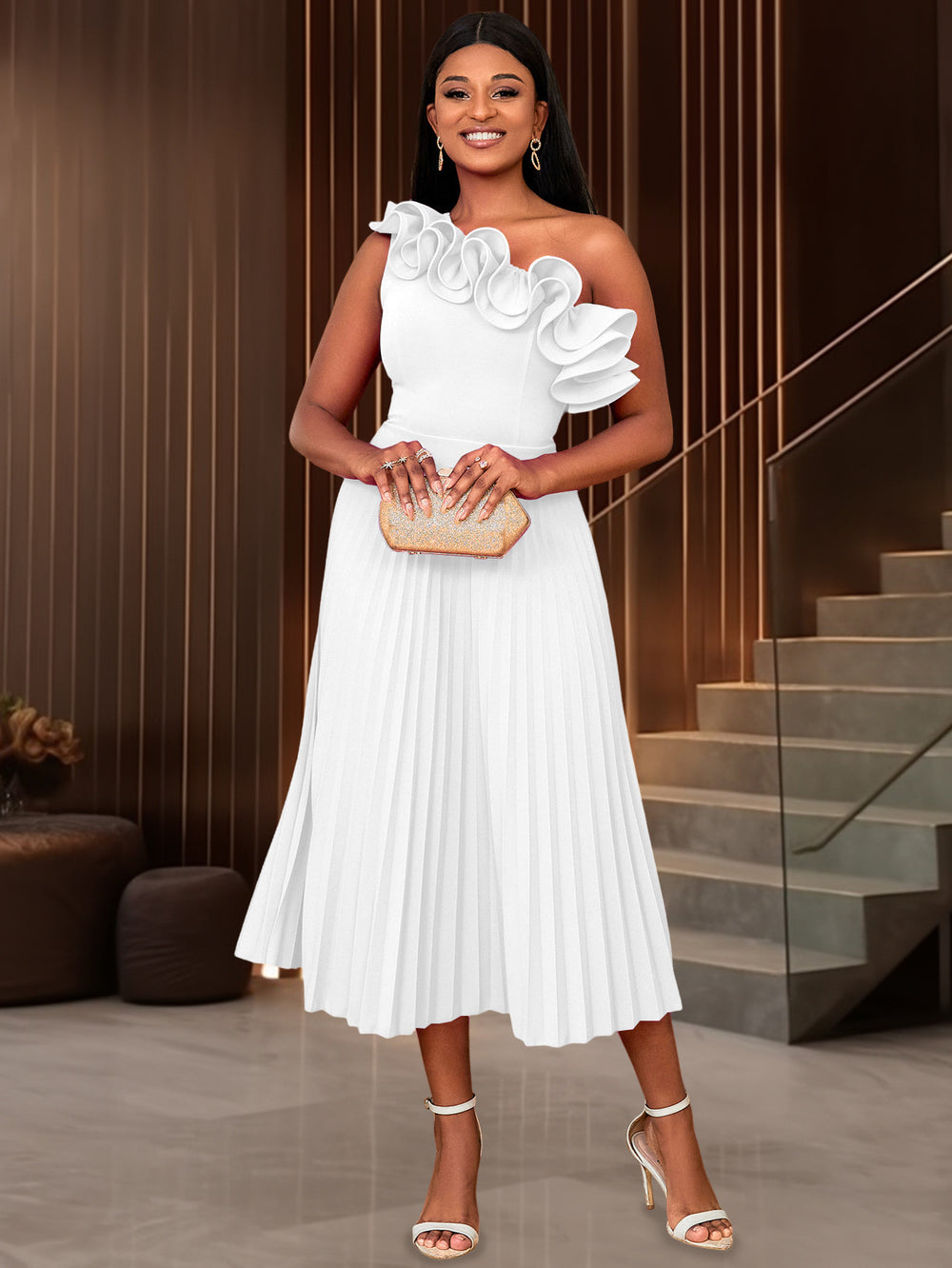 Am030113 one shoulder slanted neck high waistdress party banquet multi-color pleated skirt party dress