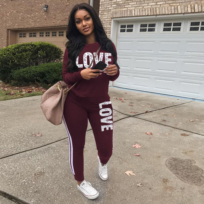S38555 cross-border wholesale european and american women's clothing casual fashion letter printing [thickened] sports suit for women