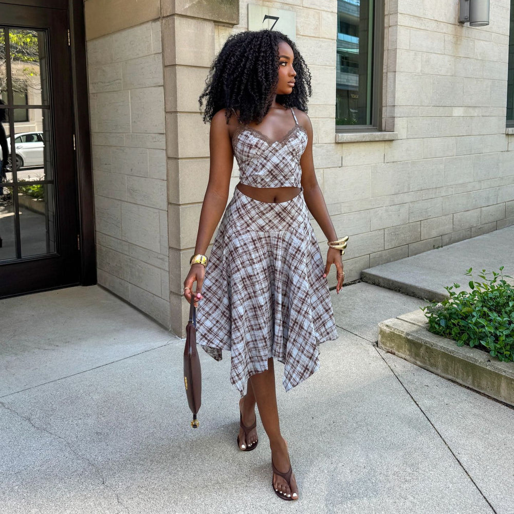 European and american cross-border women's fashion:  summer new collection - chic and elegant plaid cami top with asymmetrical midi skirt set