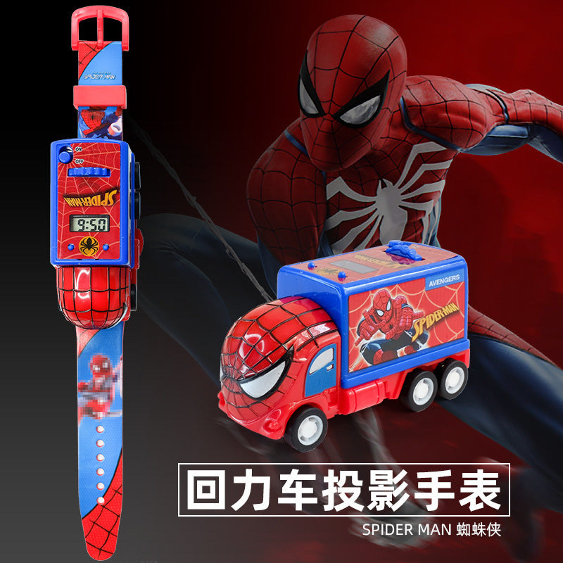 Kids' spider-man inertia pull-back car projector watch - luminous electronic watch gift for preschool and elementary school students