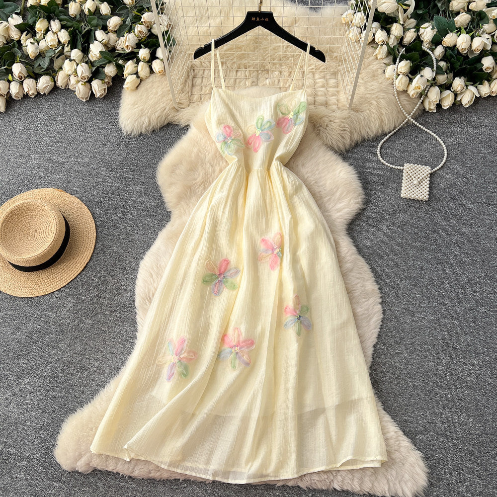 French riviera style sweet cami dress - women's designer dress with intricate 3d floral appliqués and cinched waist