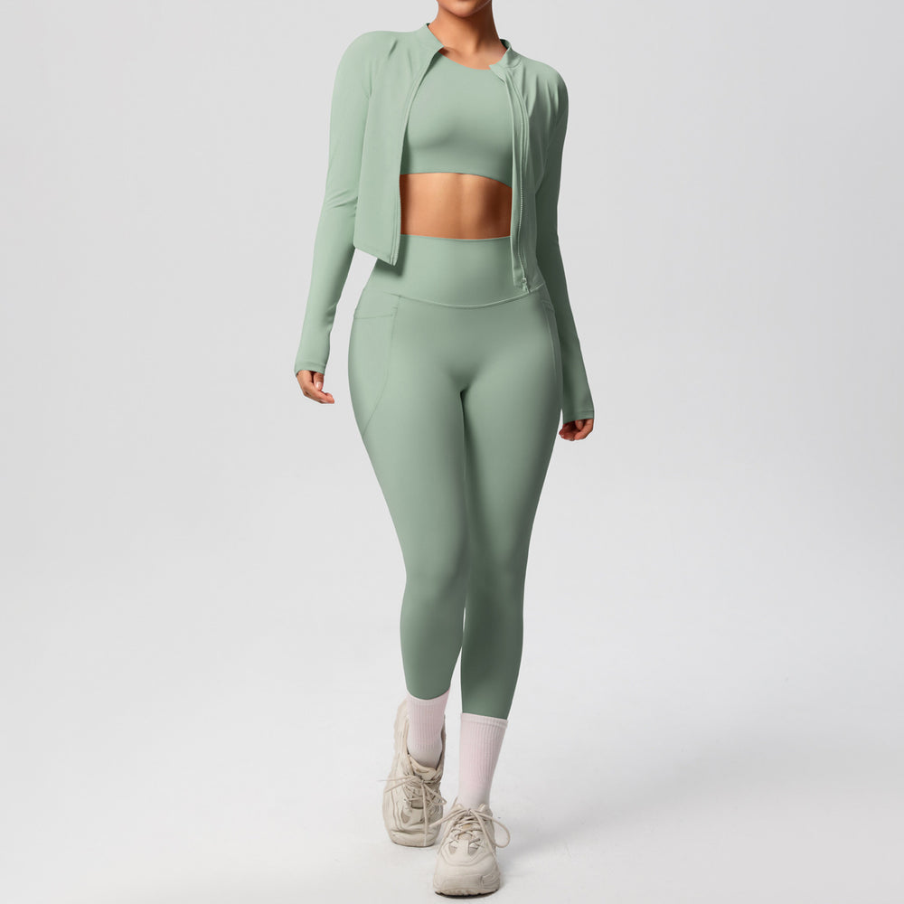 new cloud-soft brushed slim-fit long sleeve activewear set: includes a sporty jacket, casual peach lift leggings, and a yoga top – a three-piece workout outfit