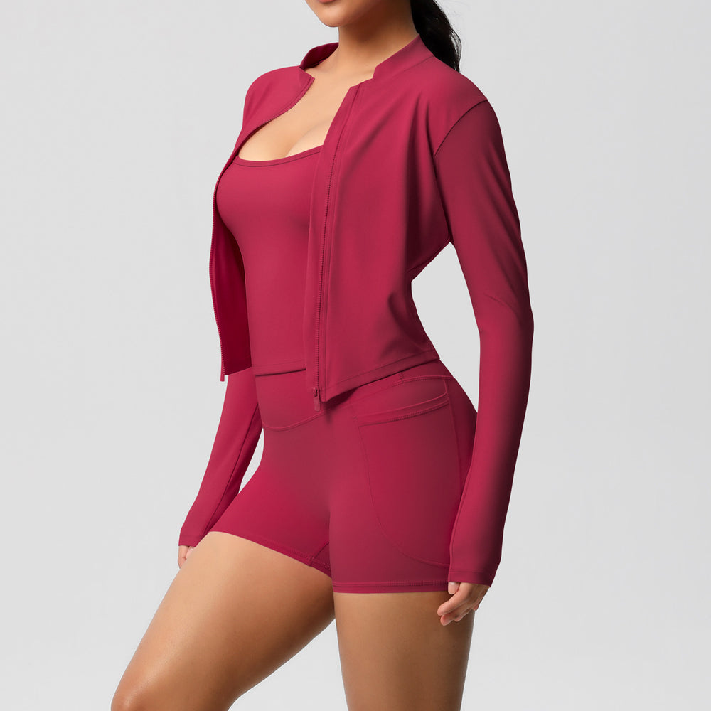 new nude feel tank top outdoor casual compression fitness set with pocket shorts and yoga outfit - 3 piece sports set