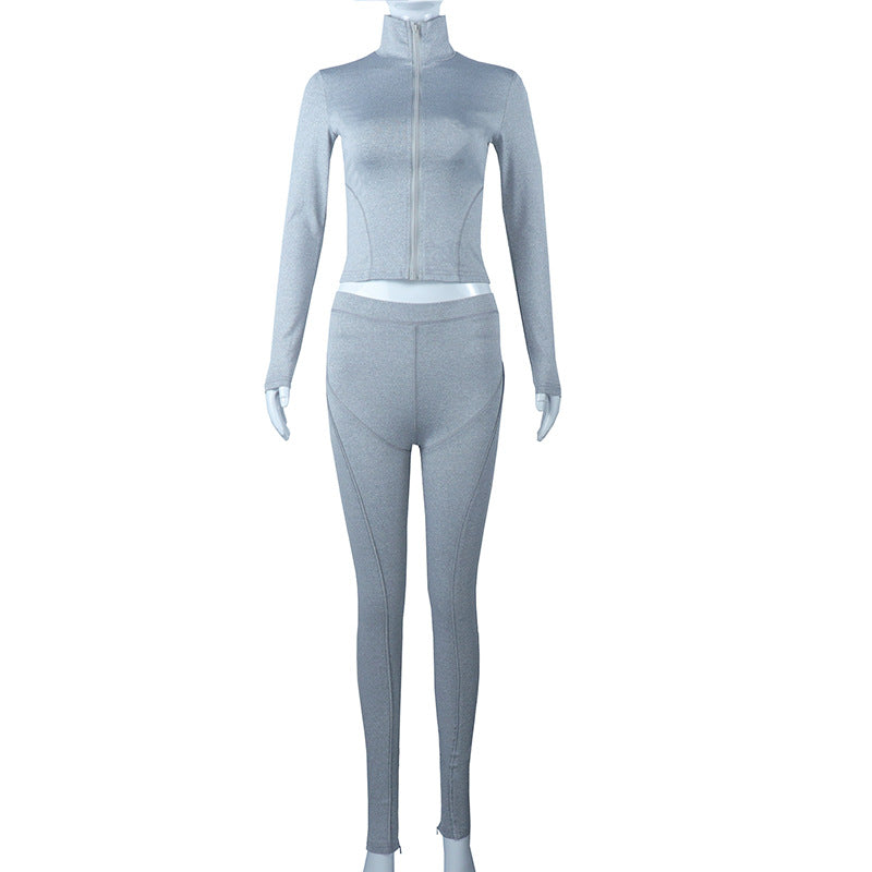 European and american cross-border  autumn new solid color zip-up stand collar long sleeve casual jacket fitness yoga outfit pants set