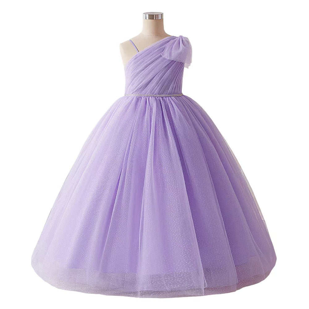 Girls' one-shoulder bowknot tulle princess dress - purple long gown for children's formal occasions, piano recitals, and performances