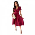 e-commerce   summer new arrival: solid color deep v-neck, cinched waist, puff sleeve, a-line maxi dress