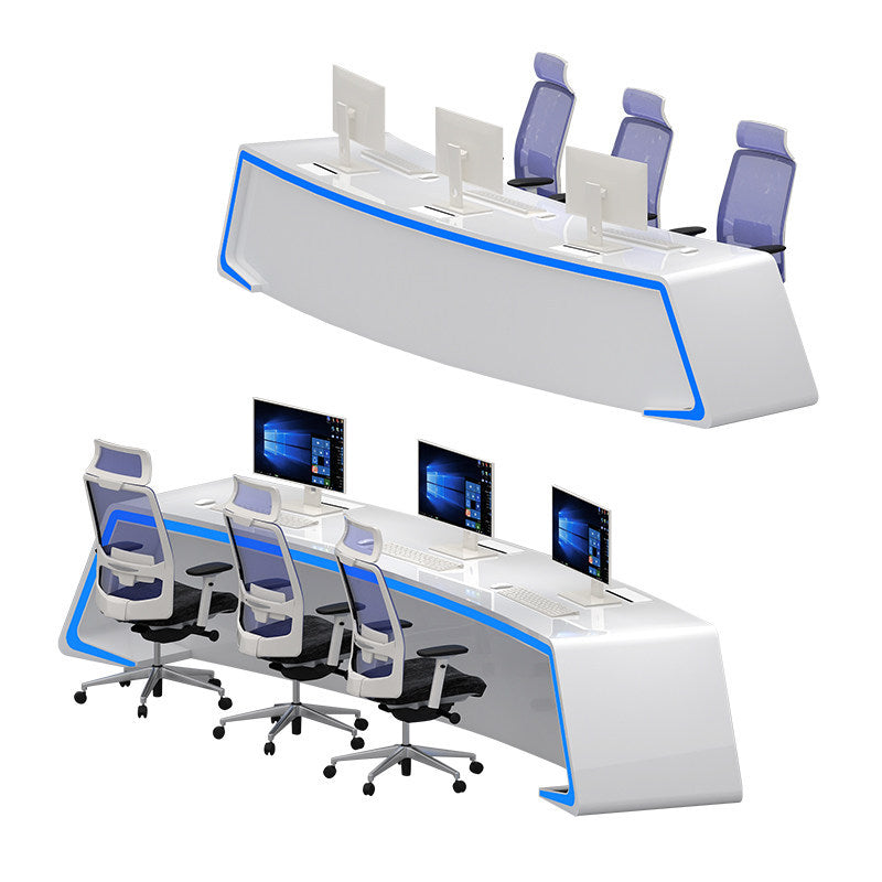 Saint li's futuristic surveillance console, command center curved control desk, central control room monitoring station, and workstation