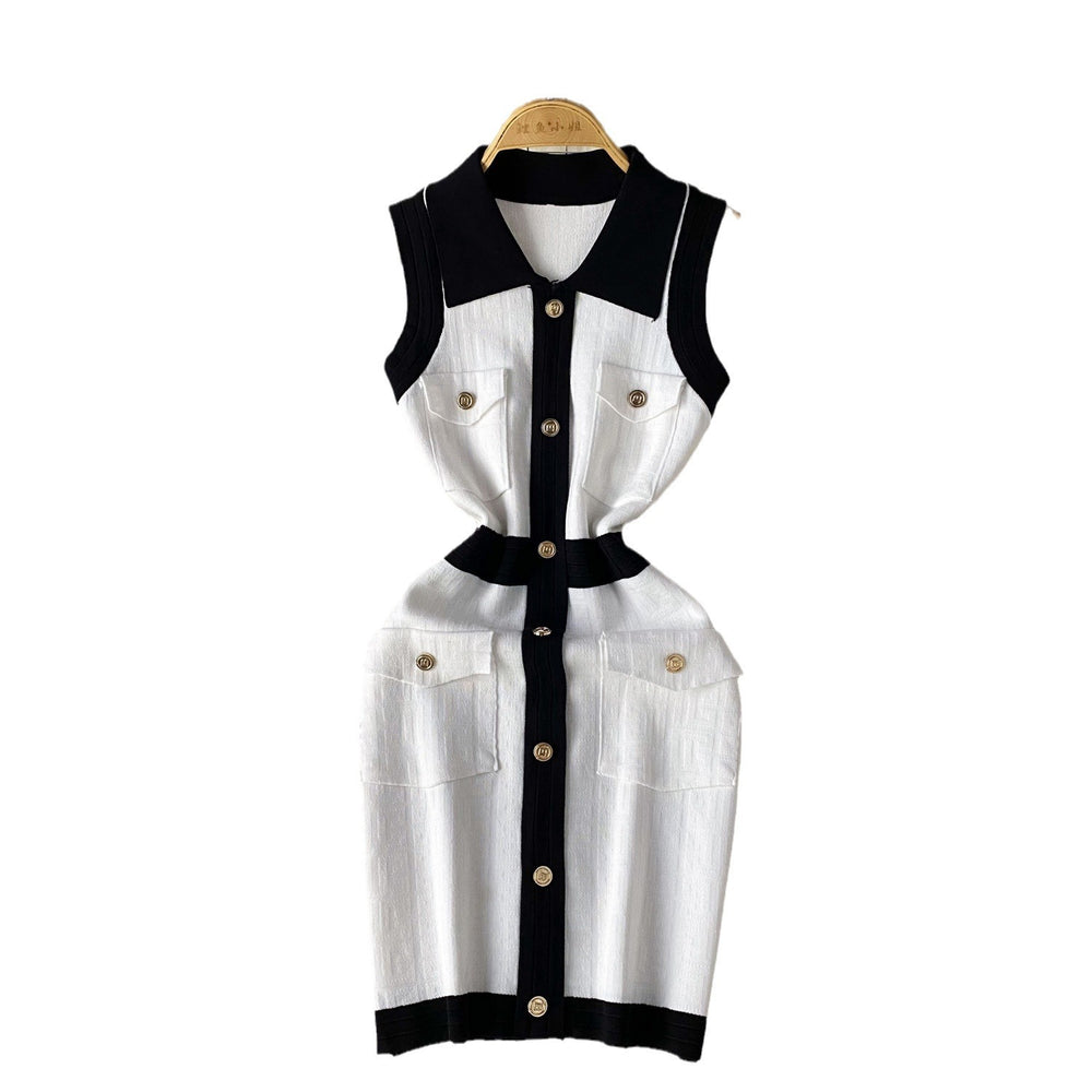 Luxury sleeveless color block knit dress - women's polo collar, single-breasted design, unique and chic