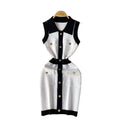 Luxury sleeveless color block knit dress - women's polo collar, single-breasted design, unique and chic