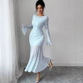 European and american cross-border women's fashion:  early autumn new arrival - solid color flared long sleeve crew neck slim fit maxi mermaid dress