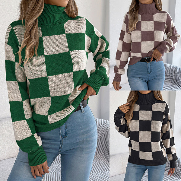 Real shot 2025 autumn and winter European and American casual turtleneck contrasting color plaid lantern long-sleeved sweater,   women's clothing