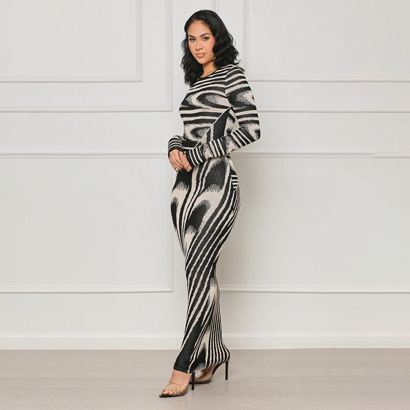 New arrivals: irregular print sexy slim-fit bodycon long sleeve dress for cross-border e-commerce