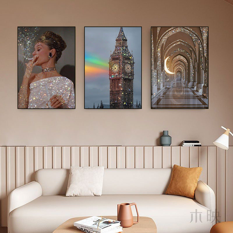 Modern light luxury decorative painting flash diamond figure art clothing store fashion hanging painting bedroom living room paris architecture mural