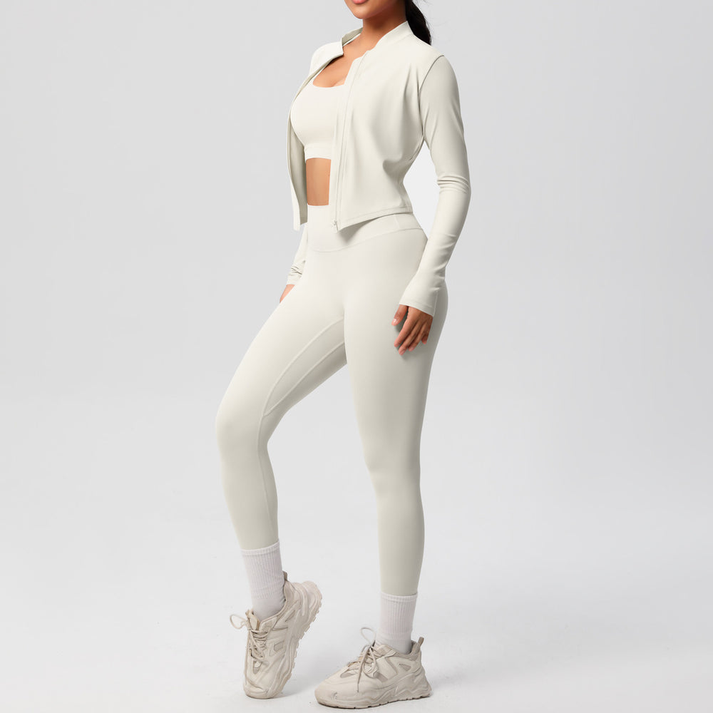 fashionpure color double-sided brushed tight sports yoga clothes three-piece set running fitness yoga clothes suit for women