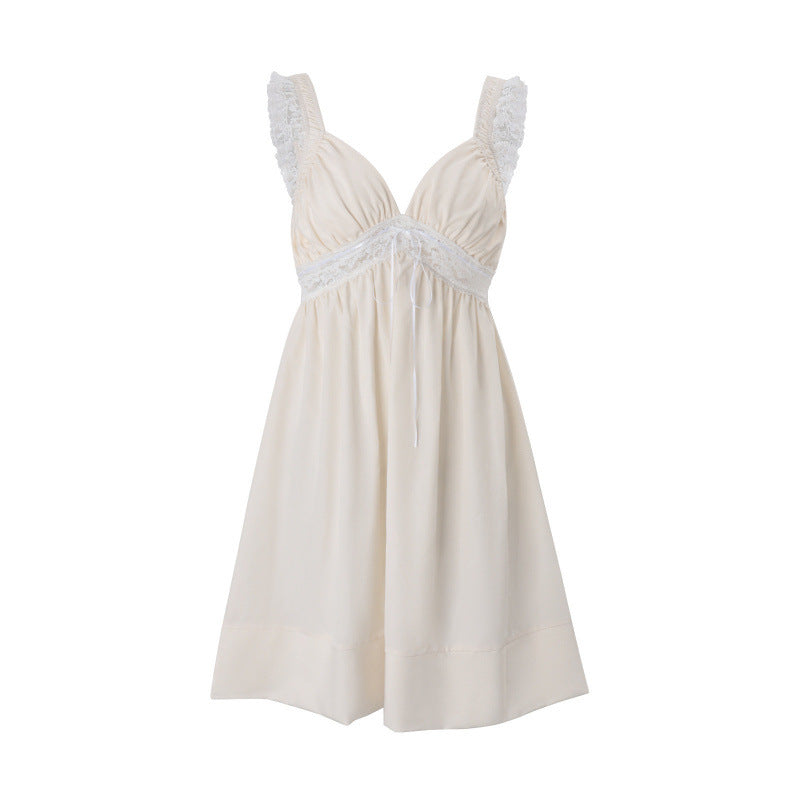 Amazon women's spring  new fashion v-neck lace trim solid color loose spaghetti strap a-line dress