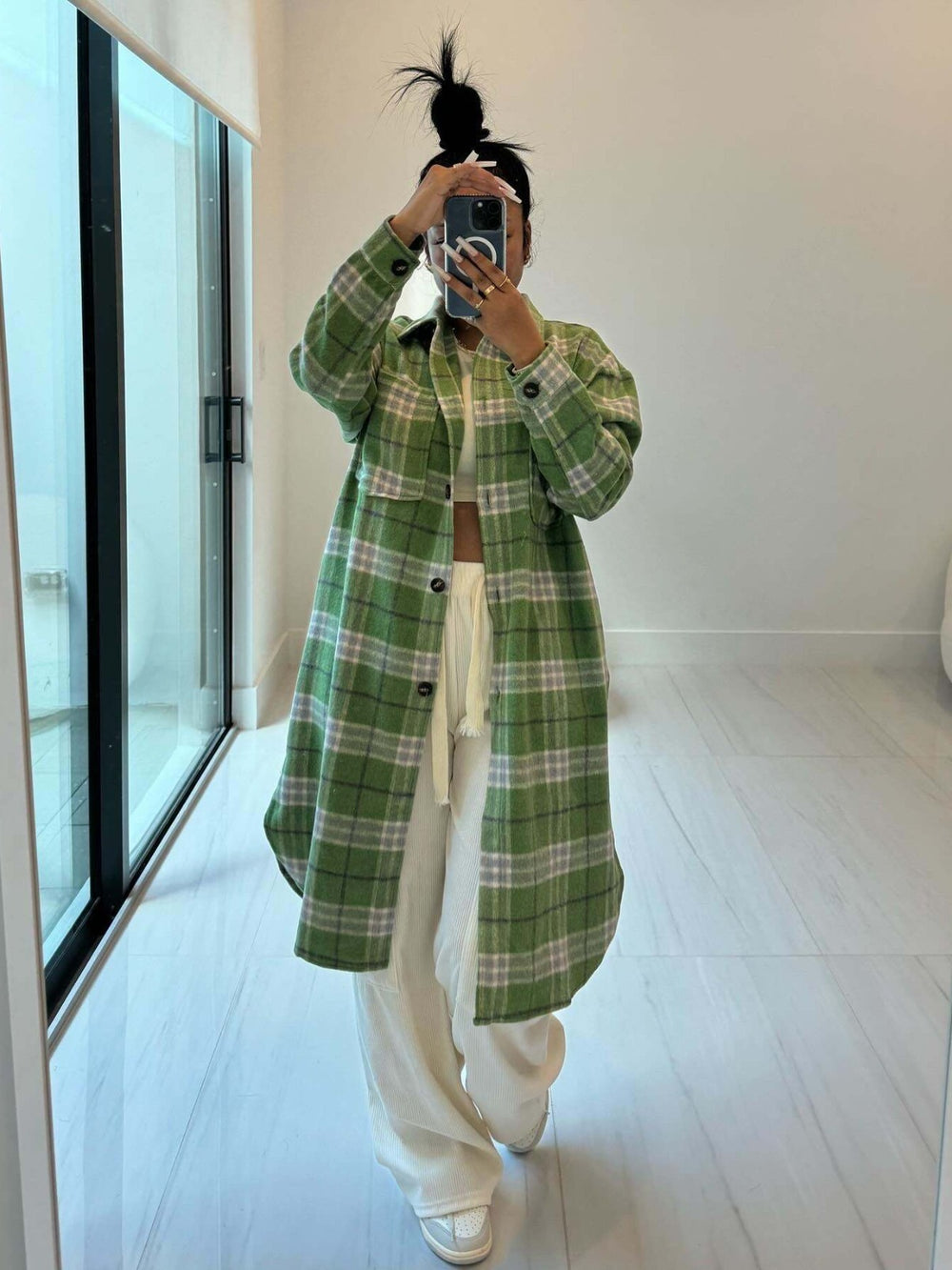 spring new arrivals: european and american style women's fashion - lapel collar pocket wool blend plaid shirt