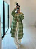 spring new arrivals: european and american style women's fashion - lapel collar pocket wool blend plaid shirt