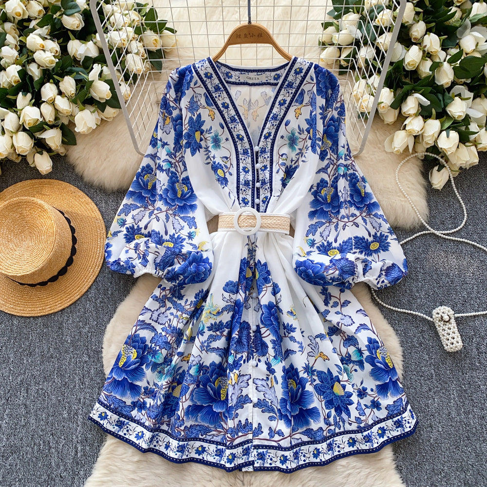 European fashion printed dress - women's court style, slimming a-line mini dress with v-neck, lantern sleeves, and pleated detailing