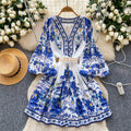 European fashion printed dress - women's court style, slimming a-line mini dress with v-neck, lantern sleeves, and pleated detailing