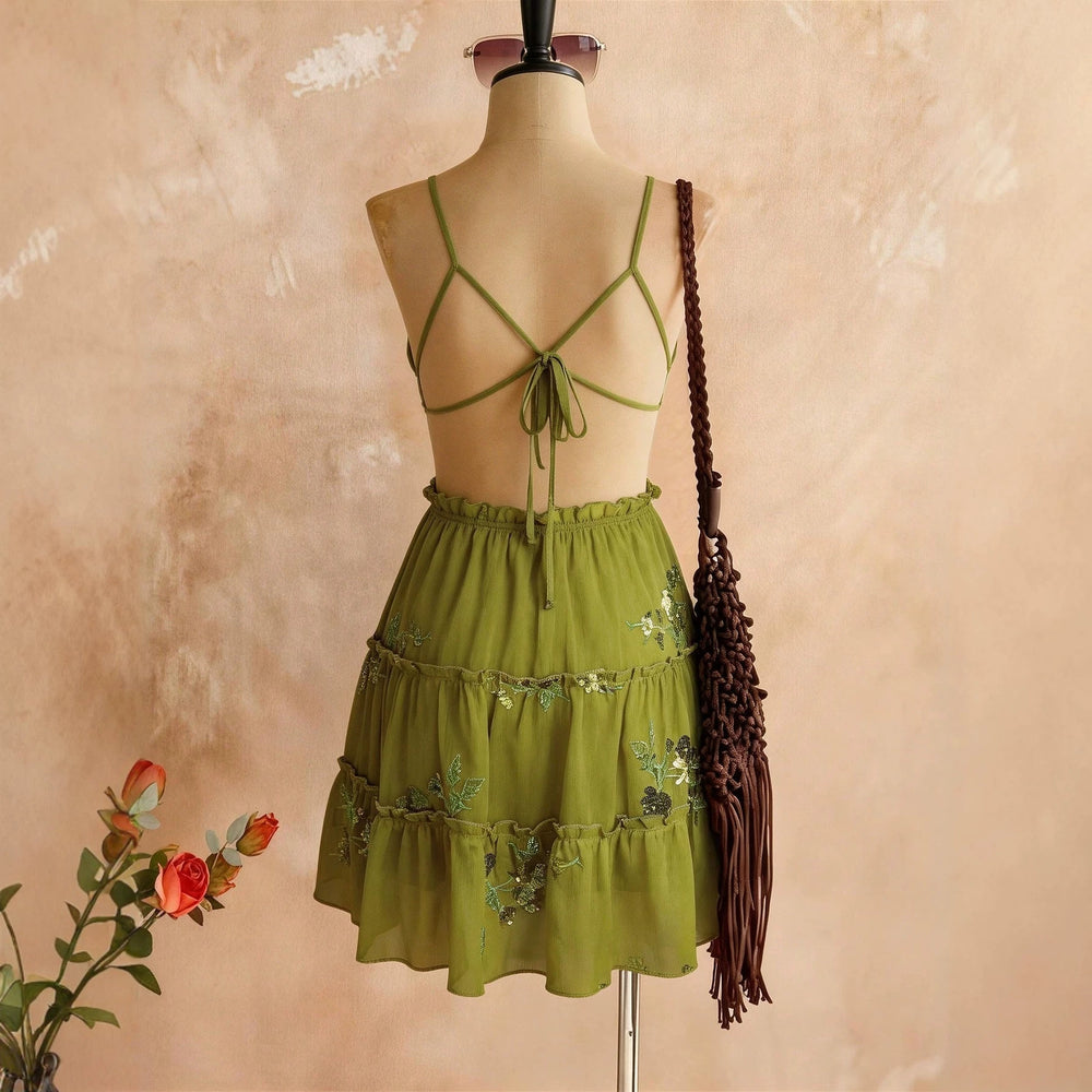 Amazon fashion cross-border women's avocado green sequin embroidered deep v cake skirt back cross vacation skirt