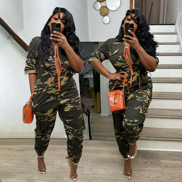 M3014 European and American fashion cardigan waist camouflage denim jumpsuit  new  independent station goods