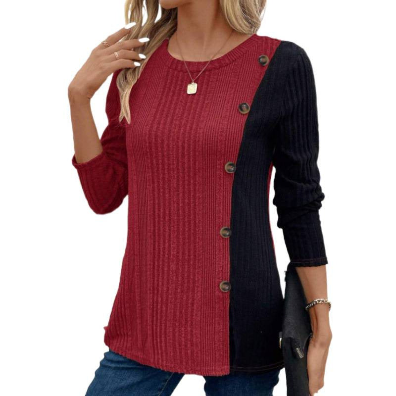 Women's color block ribbed long sleeve top - crew neck button detail patchwork casual shirt