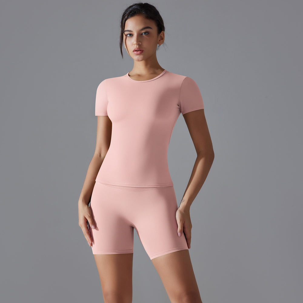 New spring double-sided nylon quick-dry yoga outfit short sleeve fitness set outdoor running sports two-piece set for women