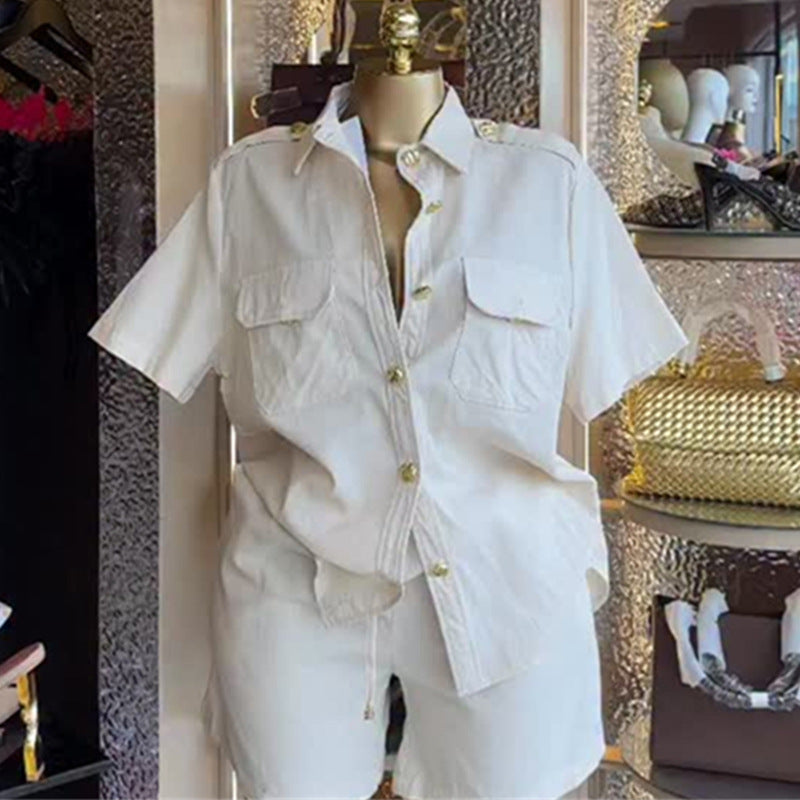 European and american cross-border women's fashion:  autumn new collection - solid color turn-down collar button-down short sleeve shirt and wide-leg shorts set