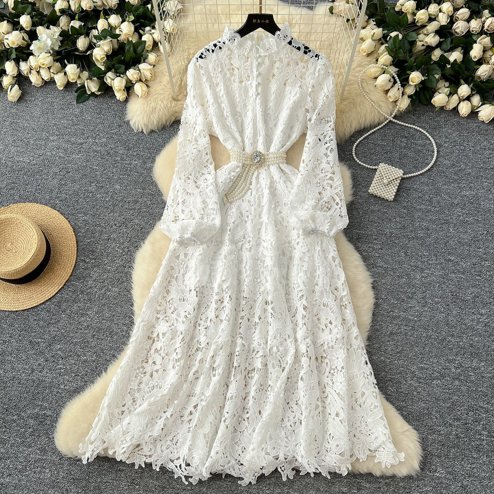 French retroelegancedresswinternew arrivalclassy sensecut out crochet lace waist elegant long skirt
