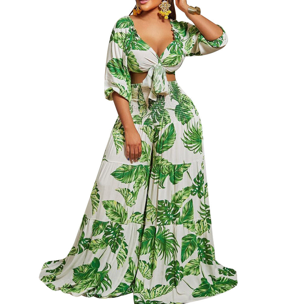 C8469 european and american  new arrival cross-border casual set: printed v-neck tie top and wide-leg pants - two-piece export set