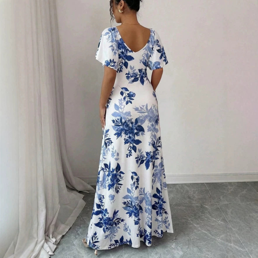 european and american cross-border summer v-neck floral print elegant maxi dress