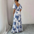 european and american cross-border summer v-neck floral print elegant maxi dress