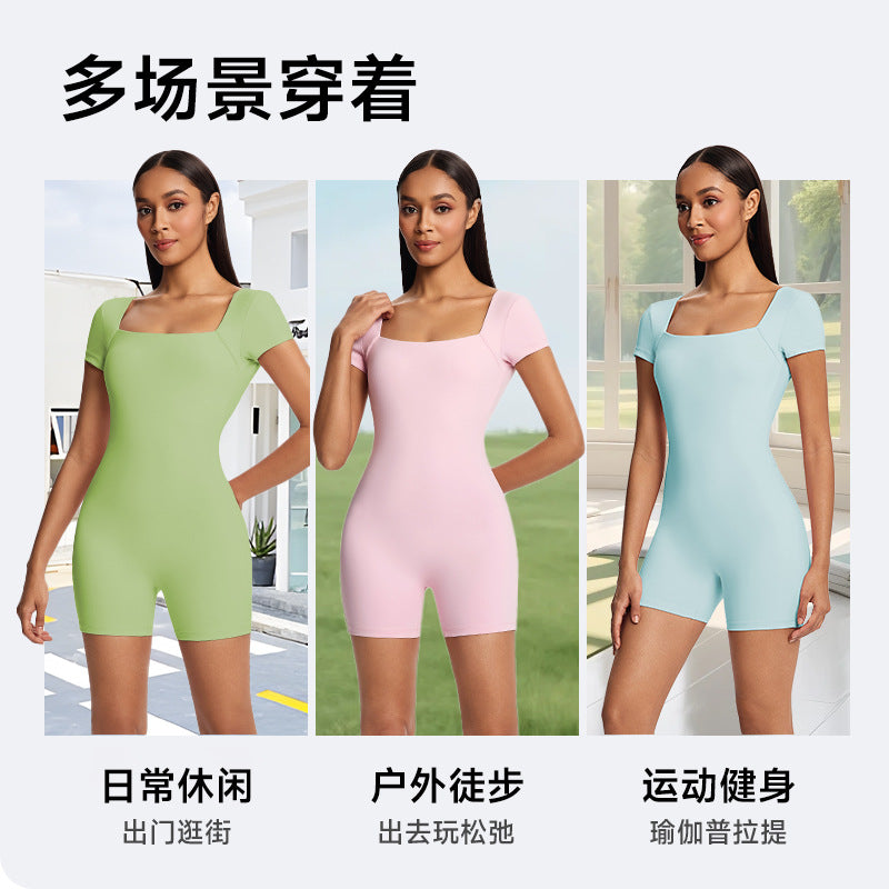 Solid color slim-fit short sleeve bodysuit - activewear for fitness, running, and yoga - women's summer lightweight jumpsuit
