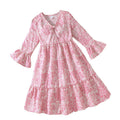 Amazon kids' spring/autumn  new arrivals: elegant floral print v-neck flared sleeve dress for girls (export quality)