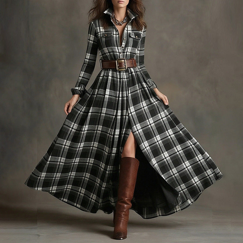 cross-border e-commerce european and american women's clothing: new summer collection - fashionable, casual, and elegant plaid notch collar slim-fit dress