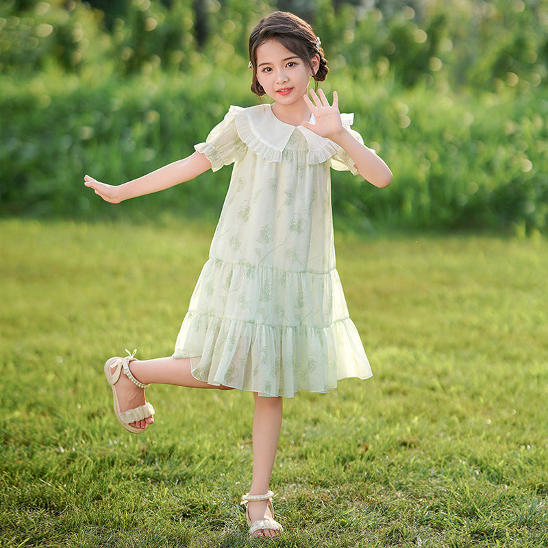 Girls' summer korean style floral dress  new arrival - stylish summer outfit for older girls, sweet princess dress with peter pan collar