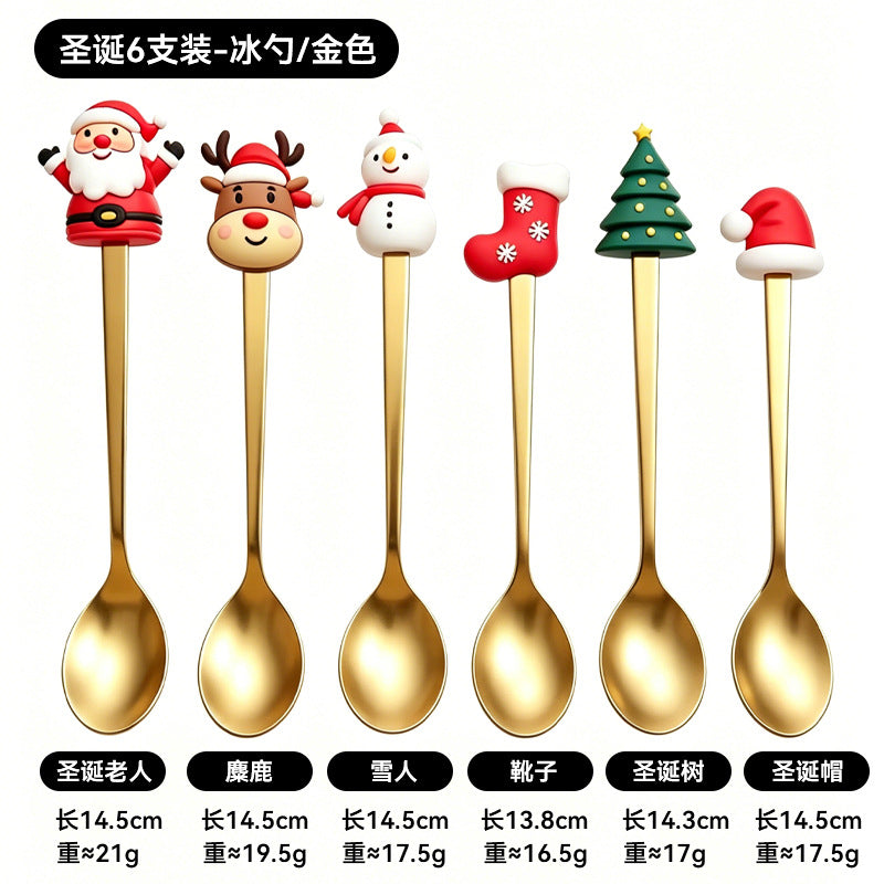 christmas cartoon cutlery gift box stainless steel silicone head spoon fork coffee spoon fruit fork cross-border set wholesale