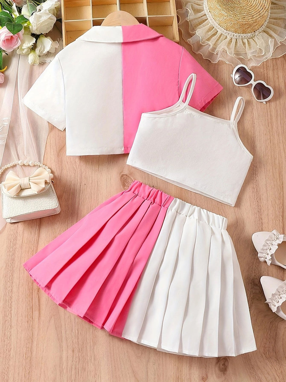 European and american style cross-border girls' color block jacket + camisole top + pleated a-line skirt three-piece set for older girls