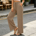 new european and american style women's fashion solid color lace trim elastic waistband pocket casual trousers