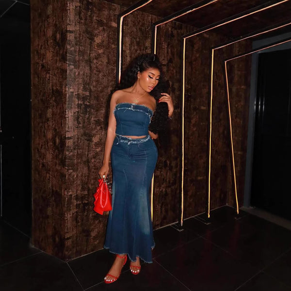 European and American women's clothing   hot sale new fashionable and sexy tube top waist denim dress set
