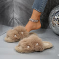 Sweet pearl furry slippers for girls, 2024 autumn/winter collection, thick-soled open-toe cotton slippers, soft sole outdoor wear, front and back slippers