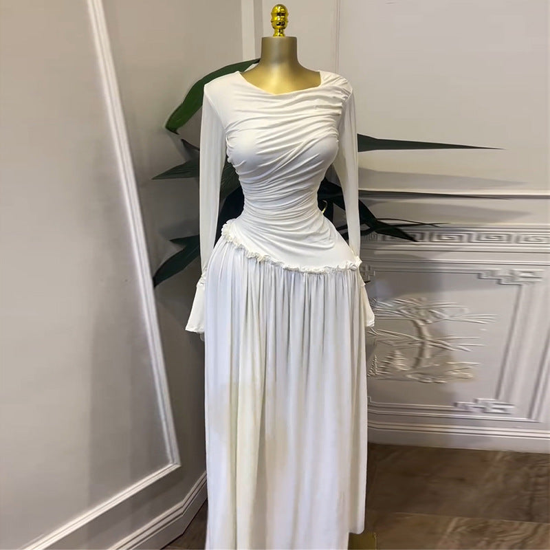 European and american cross-border women's fashion:  spring/summer new arrival - elegant ruched slim-fit flared sleeve maxi dress with ruffle trim