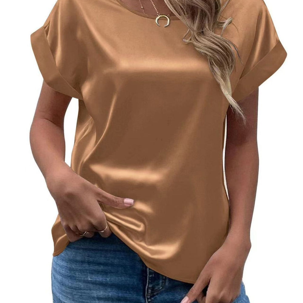 Women's short-sleeve satin blouse - relaxed fit, versatile crew neck, satin shirt - cross-border   new arrival