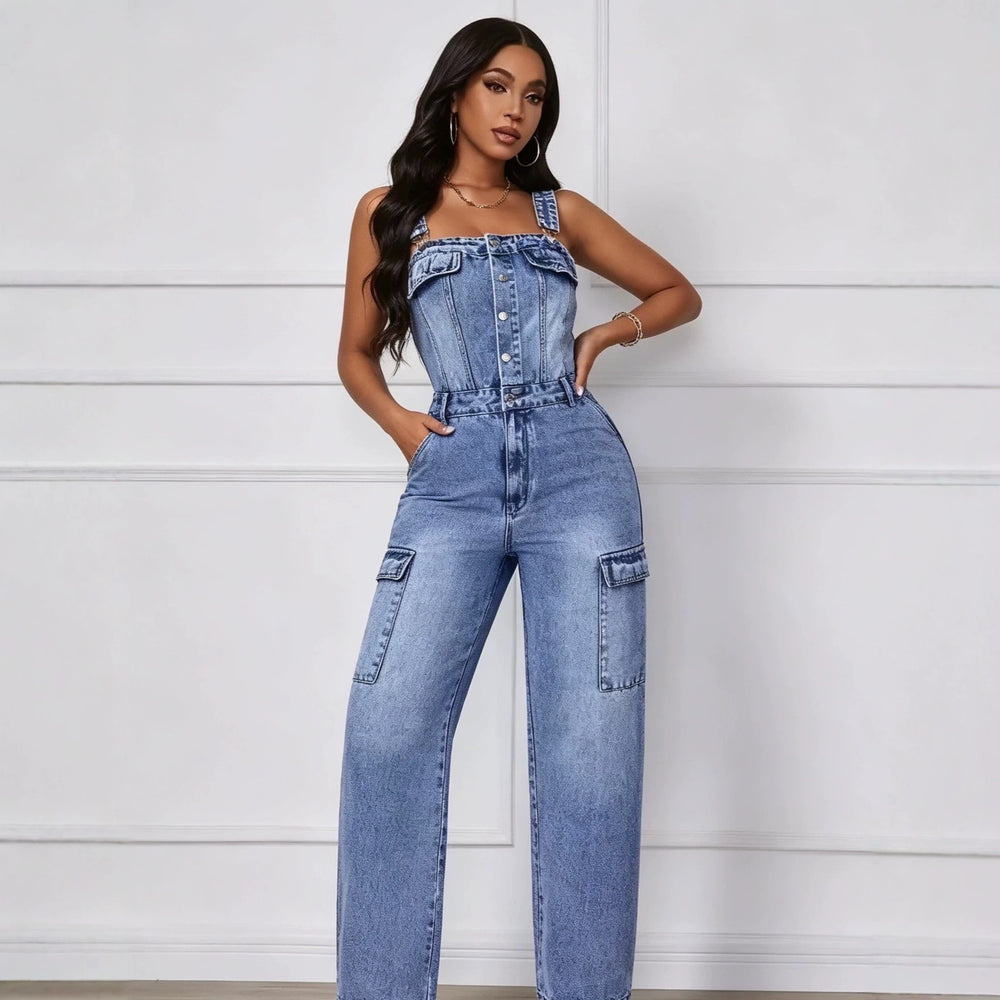 european and american  cross-border casual fashion sexy multi-pocket design high-quality denim jumpsuit women's clothing