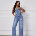 european and american  cross-border casual fashion sexy multi-pocket design high-quality denim jumpsuit women's clothing