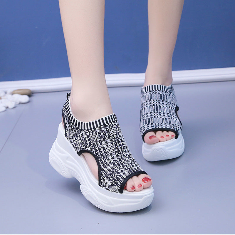 Popular summer new knitted fish mouth shoes fairy style muffin bottom high heel flying woven wedge heel thick sole sports women's sandals