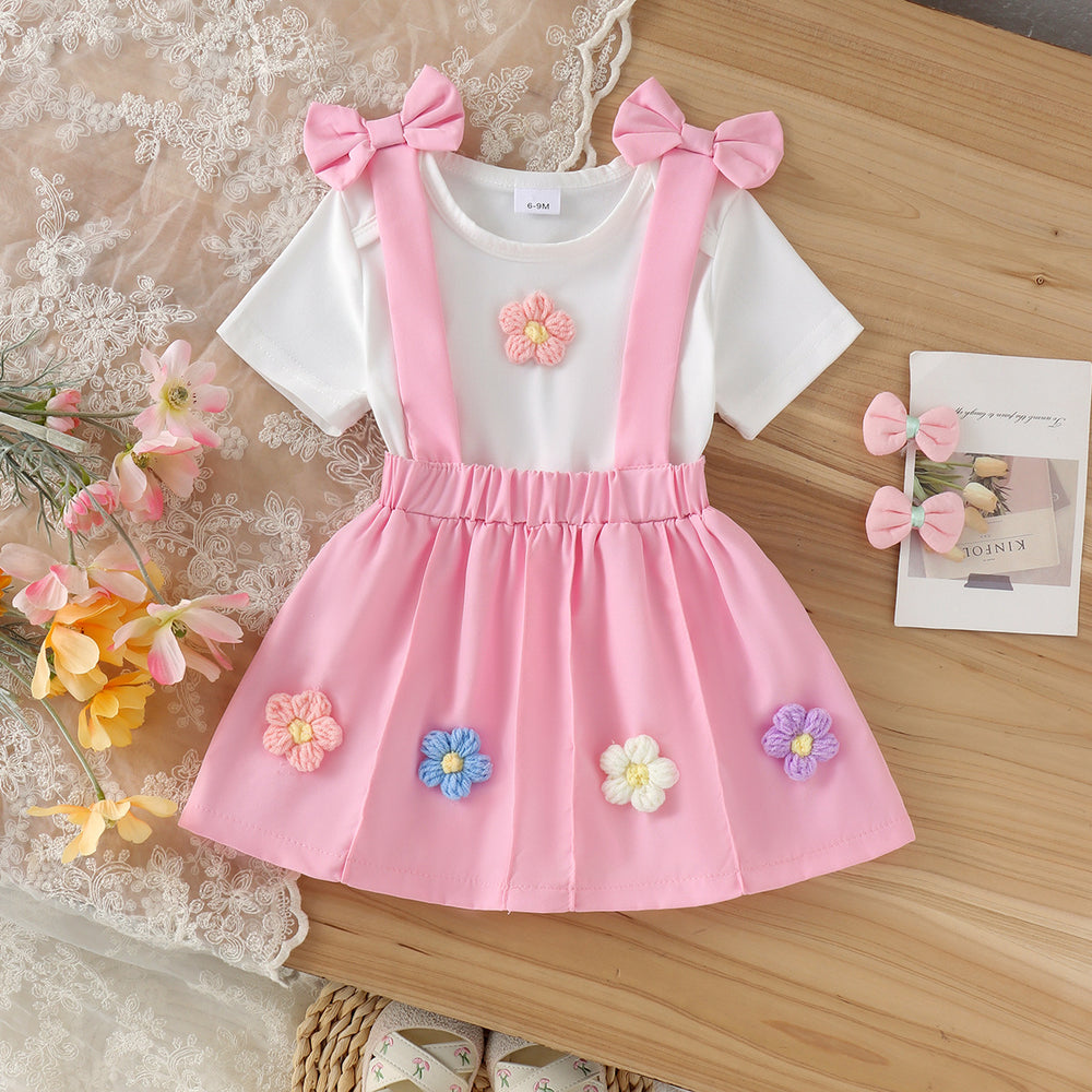Children's clothing shein cross-border girl suitwhite short-sleeved t-shirt + pink suspender skirt
