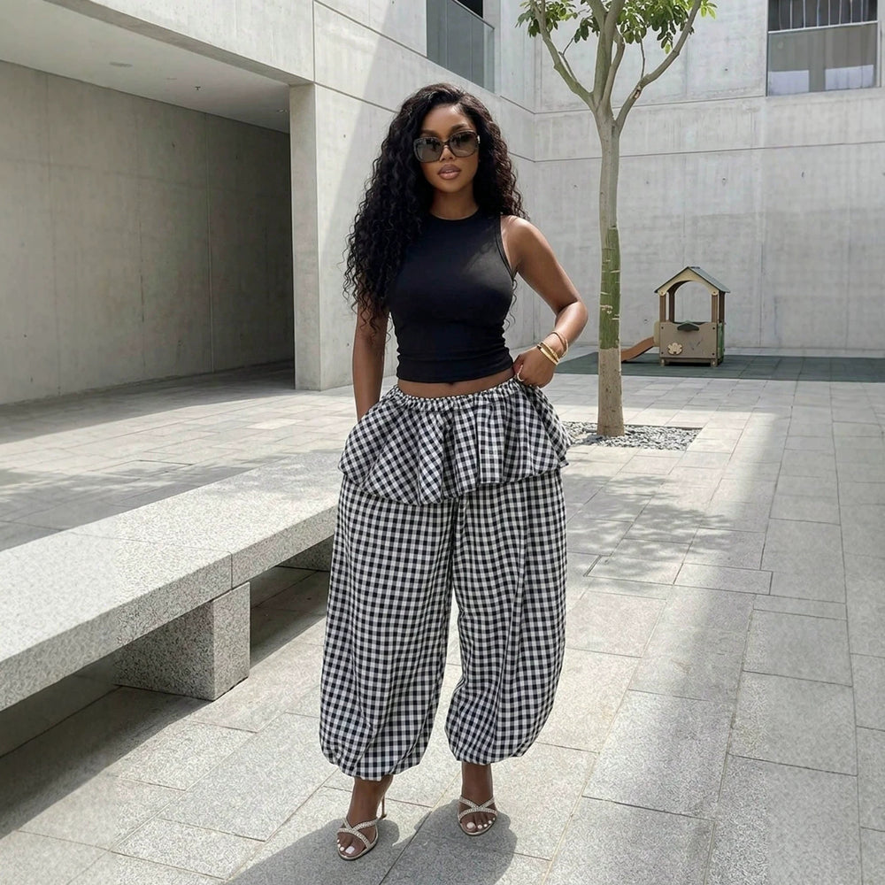Amazon  spring/summer new fashion plaid high-waisted wide-leg joggers with elastic ankle cuffs