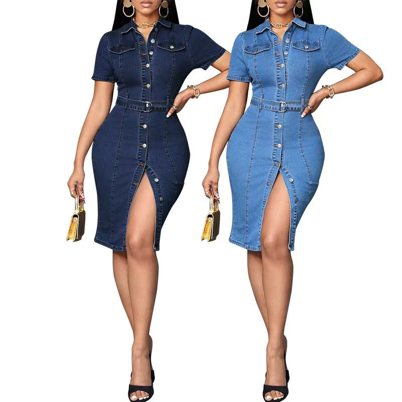 Exportfashion cross-border  denim lapel short-sleeved skirt waist bag hip silm denim dress for women